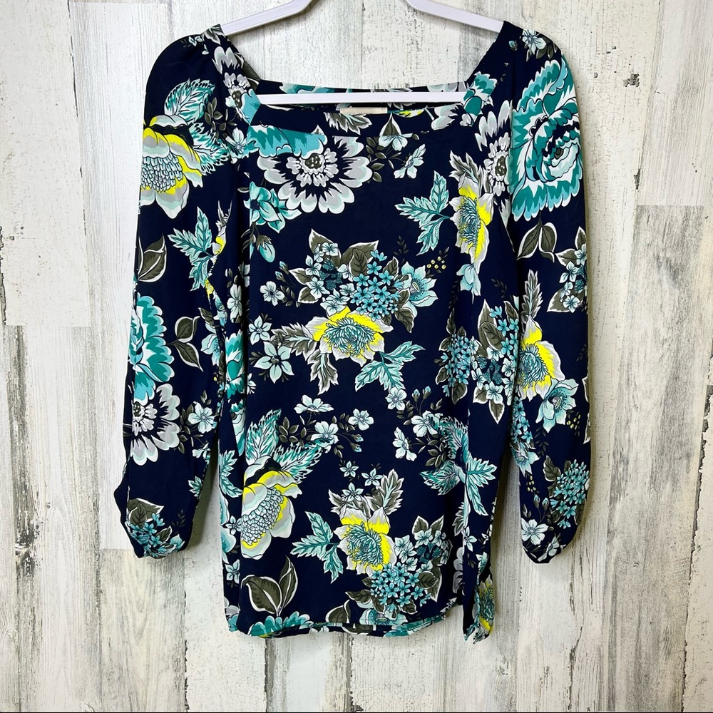LOFT Blue and Green Floral Print Blouse
